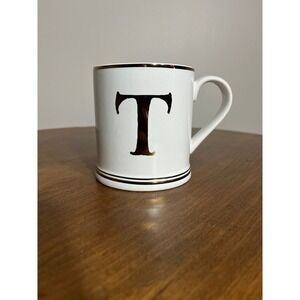 Sur La Table Monogram Letter T Coffee Mug White Gold Metallic‎ Stoneware Cup